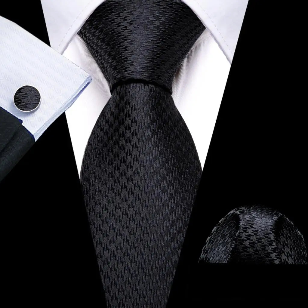 Barry.Wang Black White Gray Silver Men Tie Handkerchief Cufflinks Set Jacquard Necktie for Male Wedding Business Party Gift