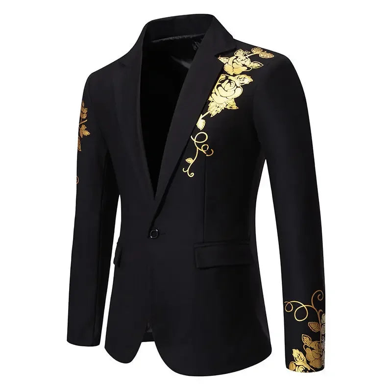Metal-printed Men's Long-sleeved Suit Jacket, White V-neck Blazers, Wine Red Wedding Party Performance Coat.European Sizes M-3XL
