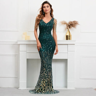 YIDINGZS Women Beading Dress Long Prom Dress V Neck Green Sequin Evening Dress Sexy Party Maxi Dress 19279