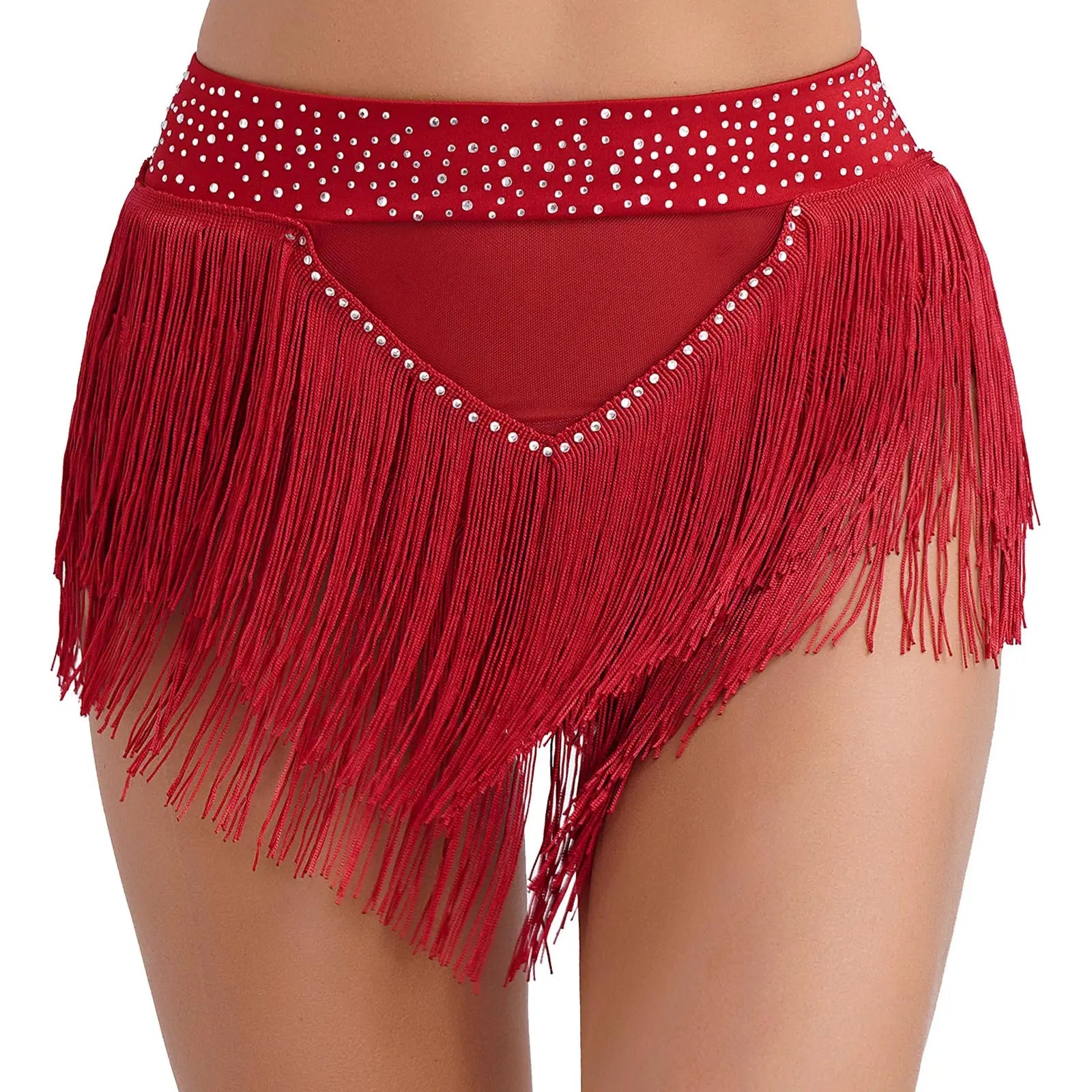 Womens Tassel Belly Dance Shorts Skirts Samba Fringe Latin Rumba Samba Tango Dancewear Shiny Rhinestone See Through Mesh Bottoms