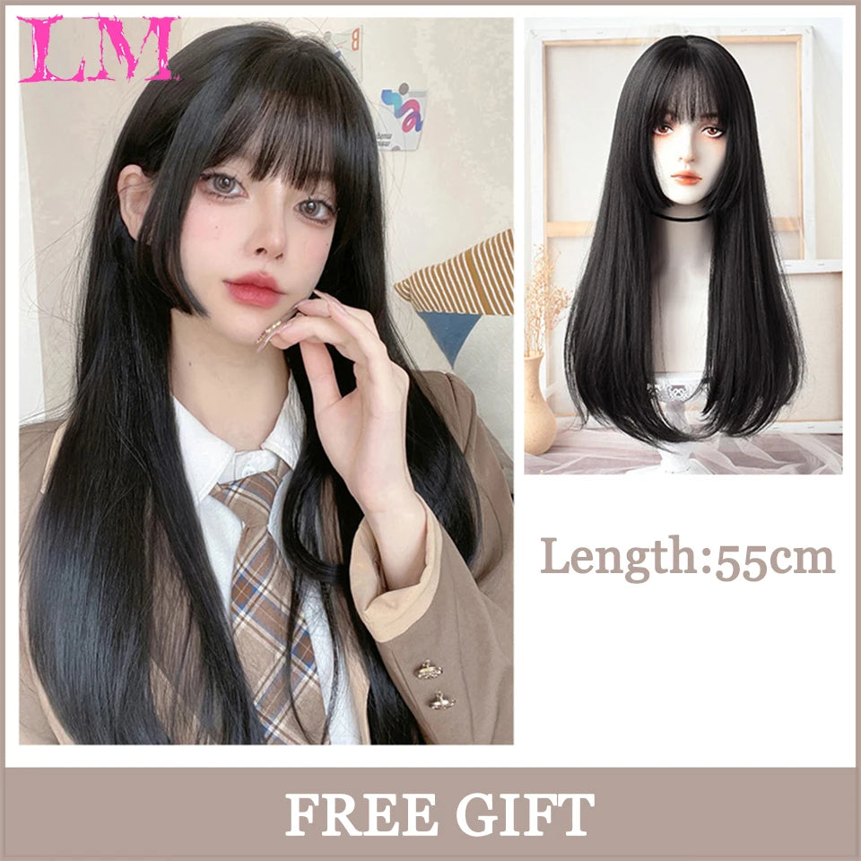 LM Synthetic Black Wig with Long Ponytail Short Straight Wig Lolita Cosplay Party Harajuku Blonde Wig With Bangs for Women
