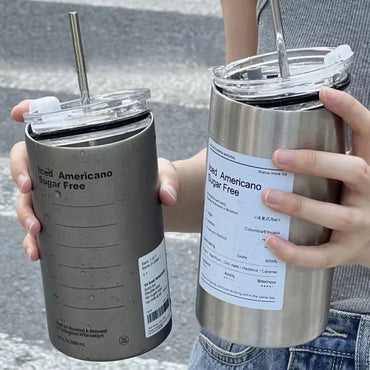 360/600ml Stainless Steel Coffee Cup Double Vacuum Insulated Cup Portable Ice American Keep Cold Coffee Mug with Lid + Straw