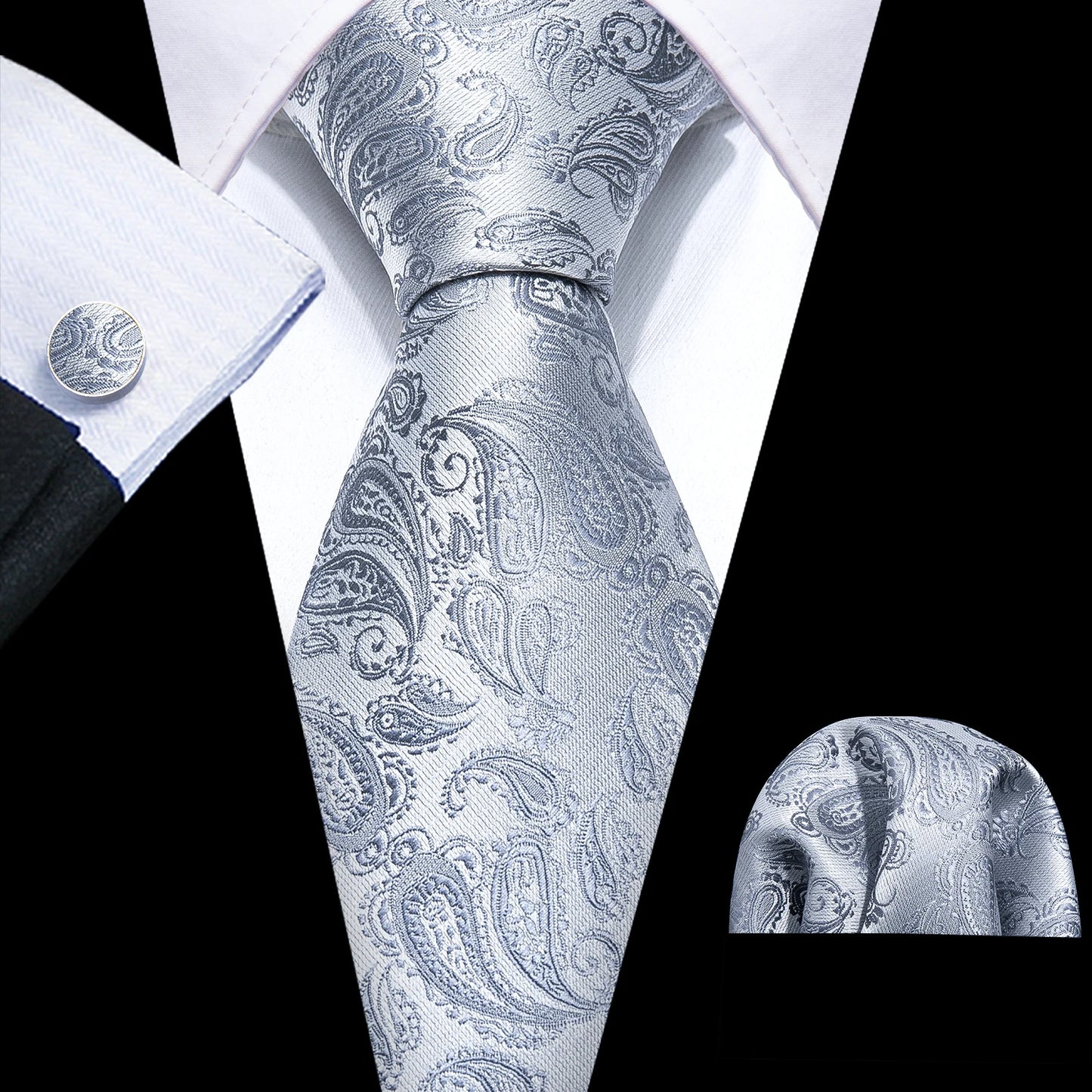 Barry.Wang Black White Gray Silver Men Tie Handkerchief Cufflinks Set Jacquard Necktie for Male Wedding Business Party Gift