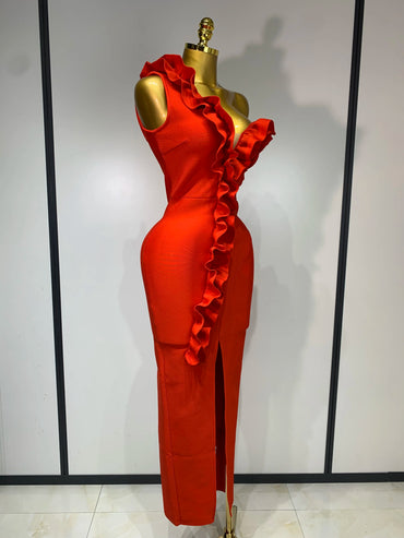 Women Sexy Off Shoulder Ruffles Midi Bodycon Bandage Dress 2025 Knitted Celebrity Elegant Evening Luxury Club Party Dresses