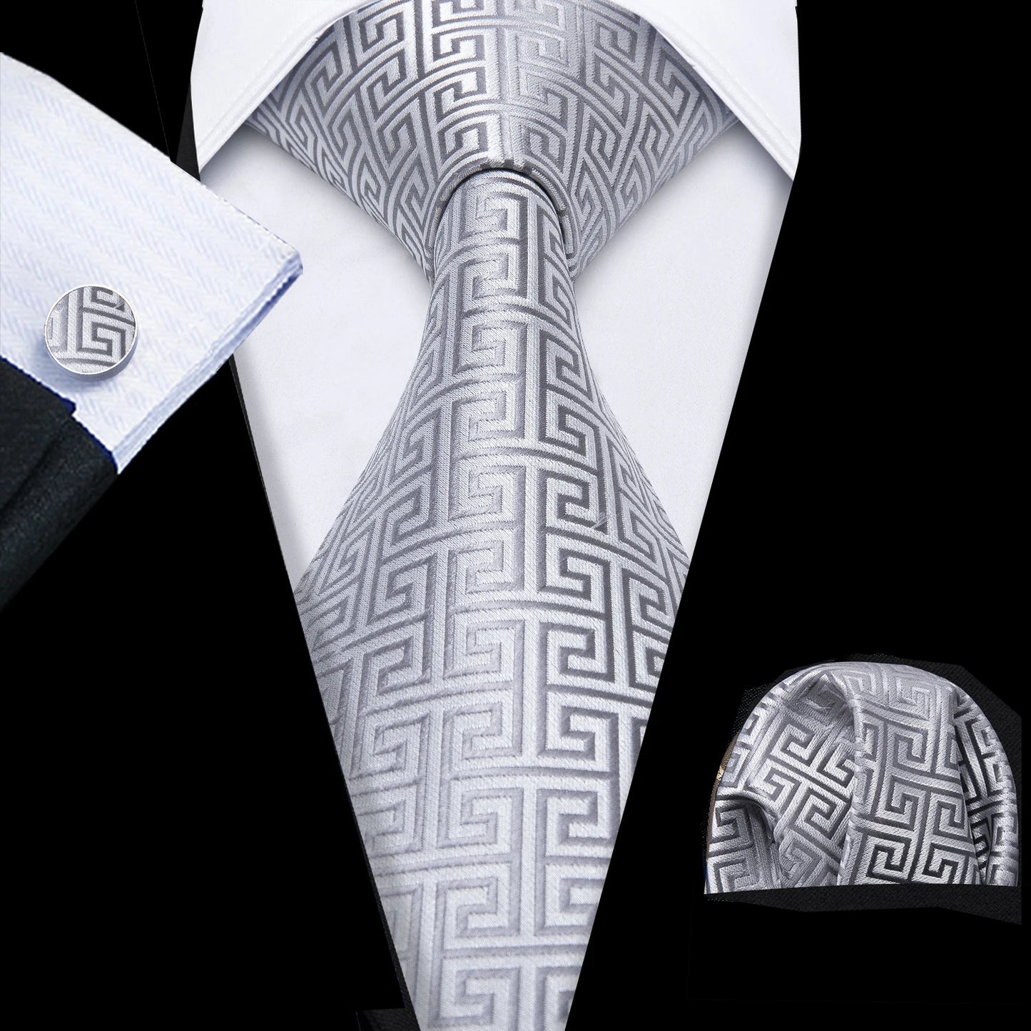 Barry.Wang Plaid Silk Men Tie Hanky Cufflinks Set Checked Jacquard Necktie for Male Formal Casual Wedding Business Party Events