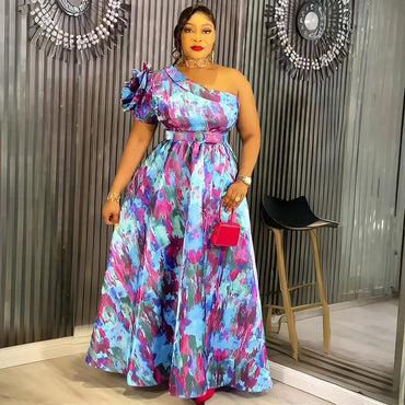 African Dresses For Women 2025 New Africa Clothing One Shoulder Turkey Wedding Party Long Dress Dashiki Ankara Print Outfit