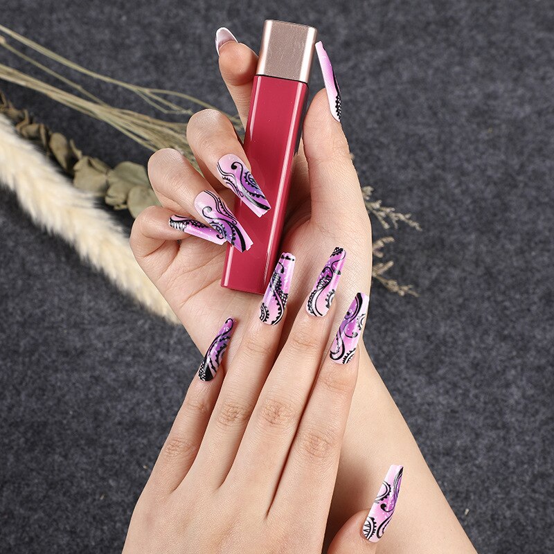 24pcs Strawberry Girl Long Ballet False Nails Art Removable Acrylic Press On Nail Tips