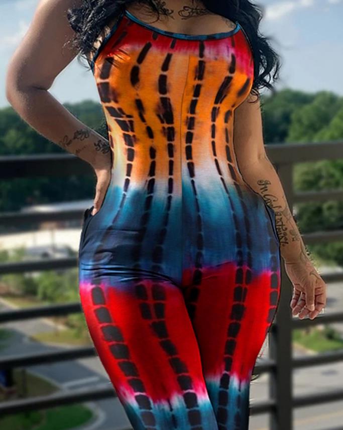 Sexy Women's Jumpsuit Summer Fashion Tie Dye Print U Neck Sleeveless Casual Pocket Design