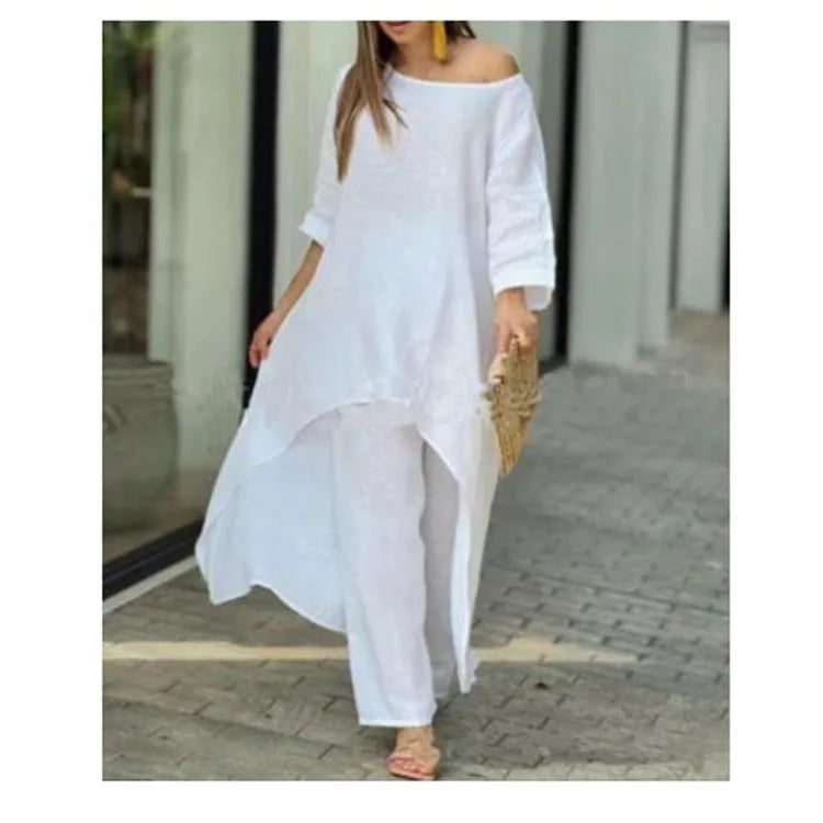 Summer Cotton Linen Casual Home 2 Piece Set For Women 2025 Fashion White Long Sleeve Shirt And Shorts Two Piece Sets Tracksuit