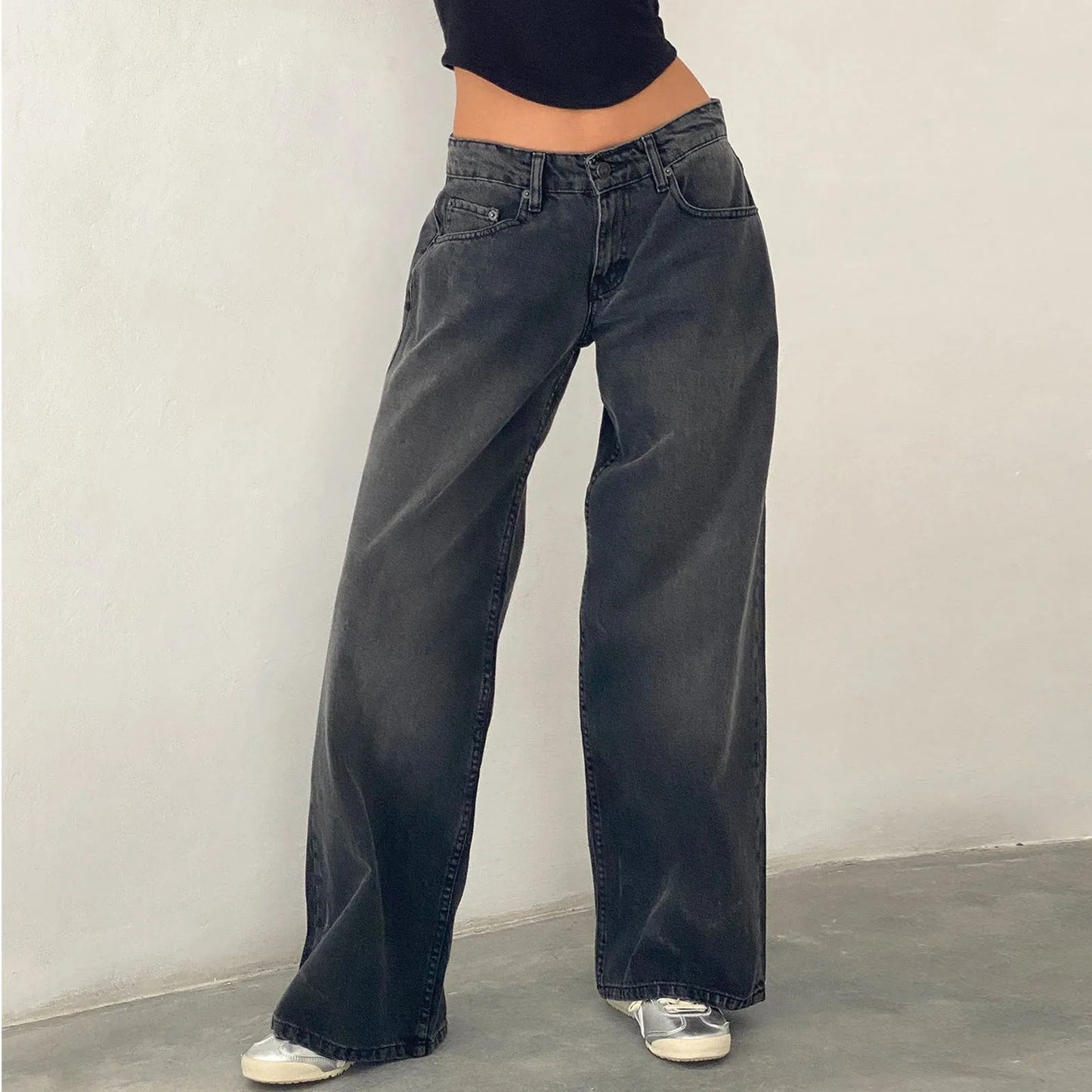 Retro Washed Jeans Women'S Design Sense Mid Waisted Straight-Leg Pants Loose Wide-Leg Mopping Pants Jeans Pants For Woman Jean