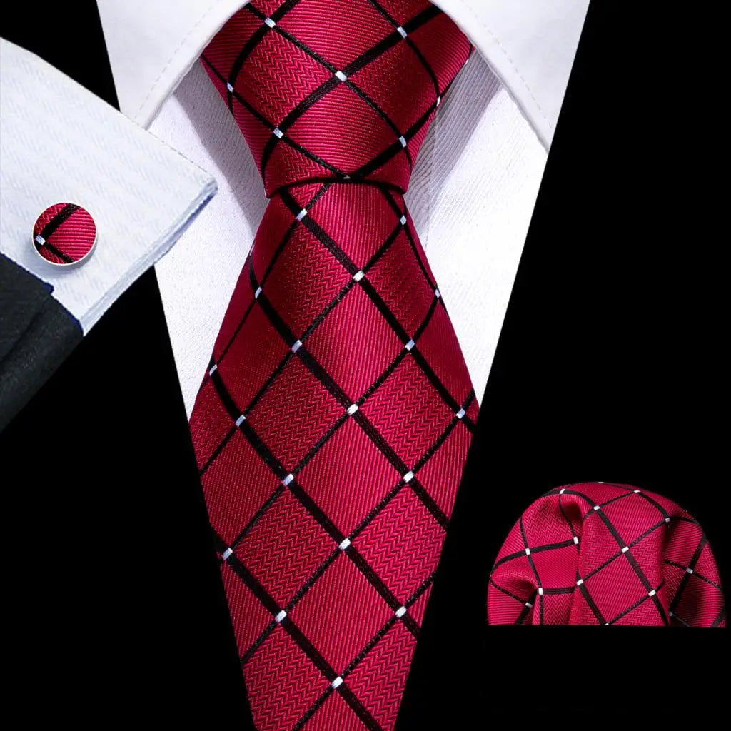 Barry.Wang Plaid Silk Men Tie Hanky Cufflinks Set Checked Jacquard Necktie for Male Formal Casual Wedding Business Party Events