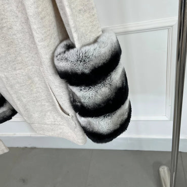 Women's Winter Coat Cashmere Women Chinchilla Rabbit Fur Cuff Sweater Wool Real fur cuff Cardigan Best