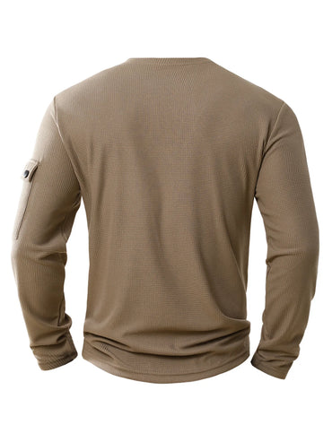 Men's New Button Henley neck Shirt Long Sleeve Casual Button Solid color T-Shirt Fashion Waffle Cotton Fake two-piece T-Shirt