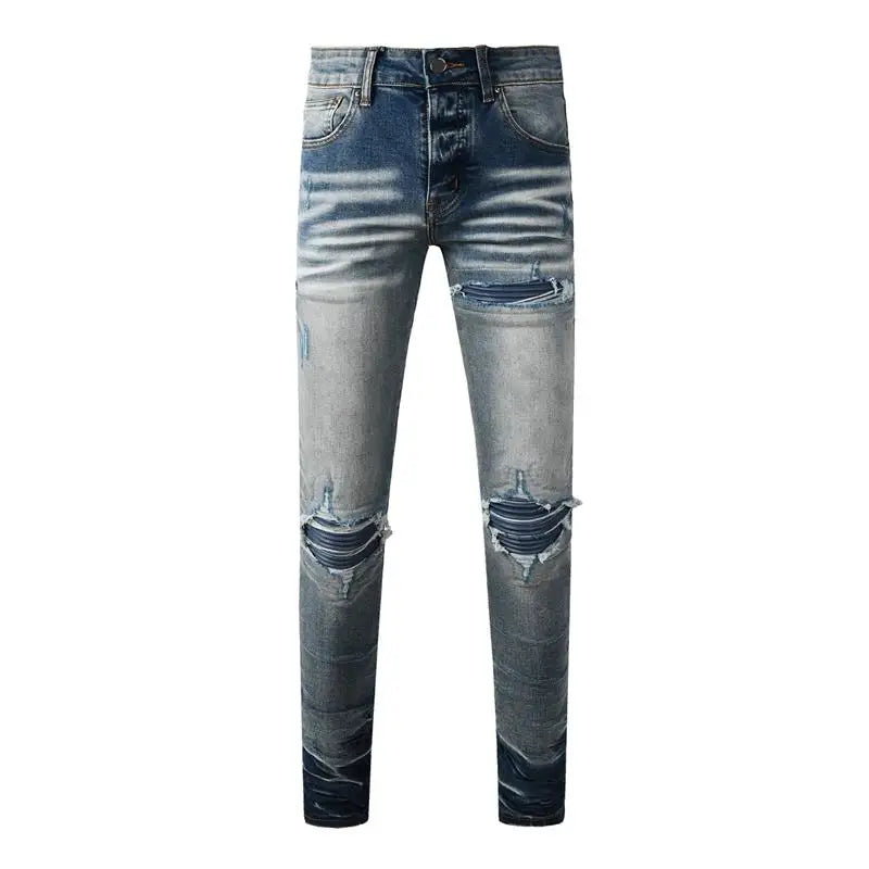 Fashion Top Quality Streetwear Distressed Men's Jeans Vintage Low Rise Stretch Skinny Button Fly Ripped Hold Pants