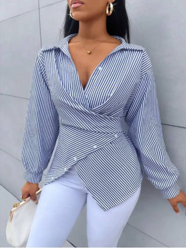 Striped V-neck Long Sleeved Lace Button Up Women's T-shirt Fashionable Versatile Daily Urban Style Spring Top