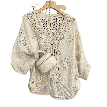 Boho Crochet Cardigan - Romantic Floral & Geometric Lace Cover-Up For Vacation & Daily Wear | Lightweight V-Neck Button-Up Knit