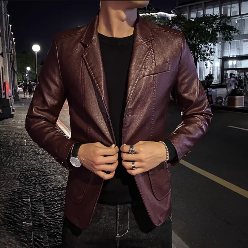 2024 New Men Business Casual Leather Jacket Black / khaki Fashion Male Suit Collar Coats Large Size 5XL Slim Fit Top