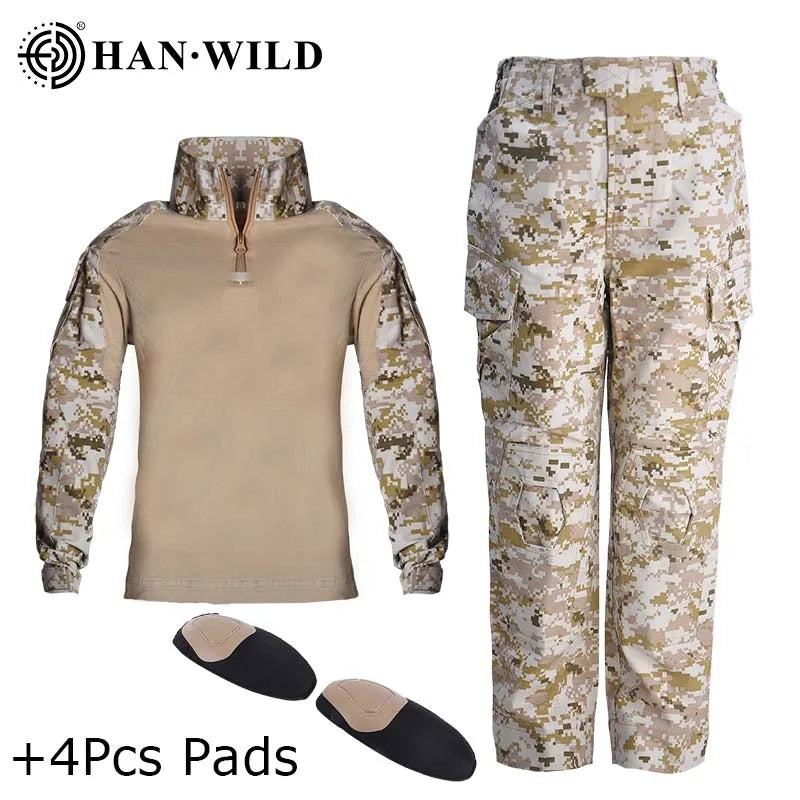 Children Tactical Suits Camouflage Suit Special Forces Combat Uniform Kids Outdoor Sport Training Sets with Knee Pads Camping