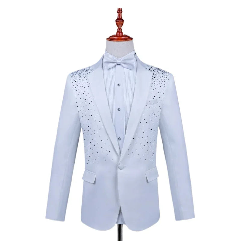 2025 New Black and White Hot Diamond Suits for Men 2-piece,Male Group Chorus/Singer Host/Anchor Dress Performance MC Blazer+Pant