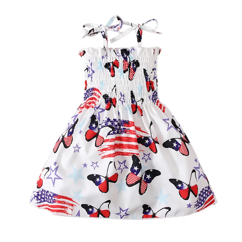 Charm Dress Girls Summer Dress American Independence Day Print Tie-up Smocked Dress American Flag For Girls Children Costumes
