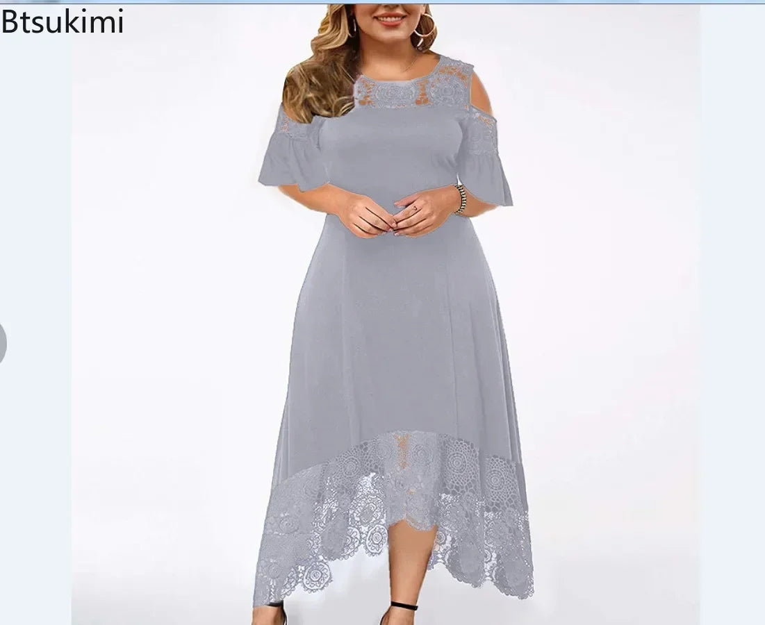 2025 Women's Lace Stitching Ruffle Short-Sleeved Strapless Dress Elegant Ladies' Summer Evening Club Party Dresses Woman Vestido