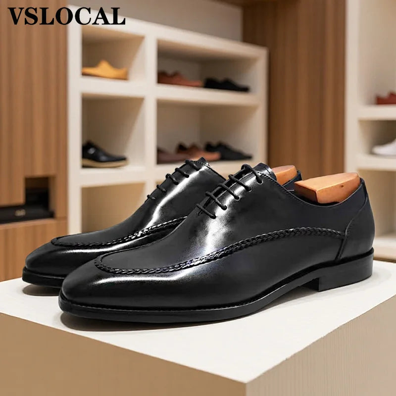 Luxury Men Leather Shoes Lace Up Pointed Toe Weaving Decoration Black Oxfords Mens Dress Shoes Wedding Office Shoes Men