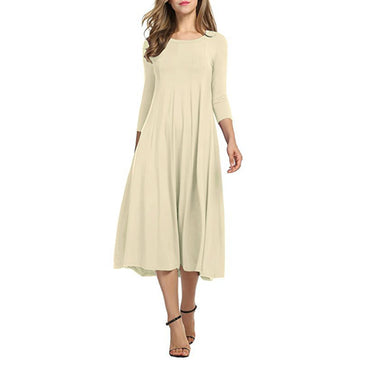 Elegant Under Knee Breathable Comfortable Party Causal Loose Peplum Women Dress Solid Round Collar 3/4 SLeeves Long Maxi Pleated