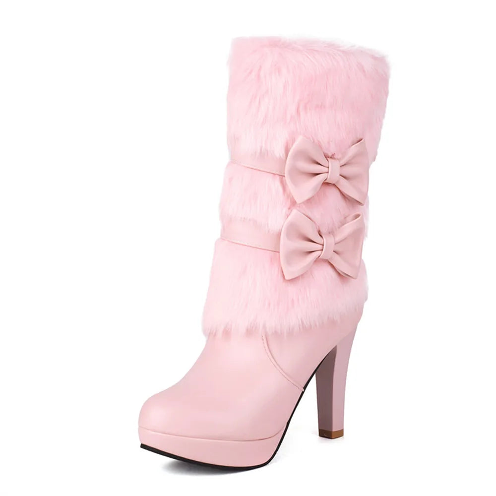 2025 Winter Womens Fashion High Heel Boots Pink White Black Fur Tassel Bowtie Lovely Lolita Ladies Party Wedding Shoes size32-43