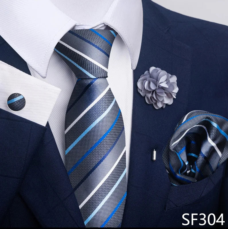 Hot Sale Luxury 8 cm Blue Floral Ties Pocket Square Cufflinks Brooch Set For Man Suit Accessories Holiday Gift Fit Formal Party