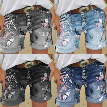 Women Denim Shorts Summer Elastic Single-breasted Print Casual Lady New Fashion Street Sweet Skinny Jeans Pants
