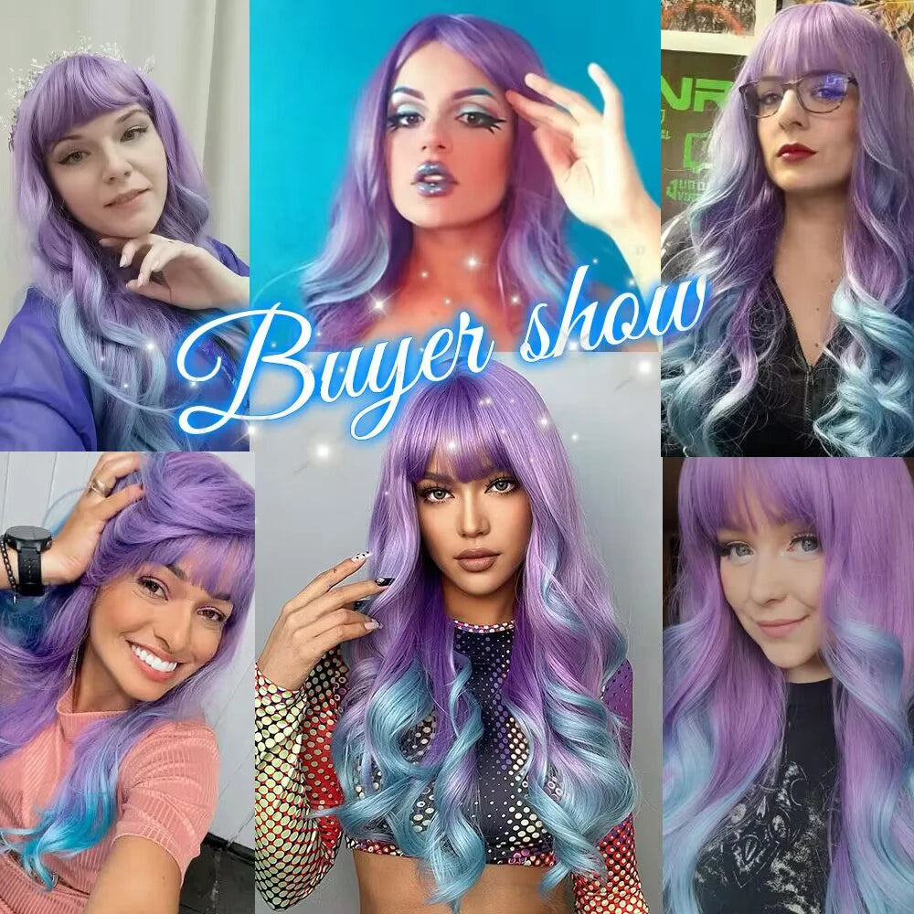 Blonde Unicorn Synthetic Long Wavy Wig Ombre Purple to Blue for Woman Cosplay Halloween Wigs Heat Resistant Fiber Bangs Hair