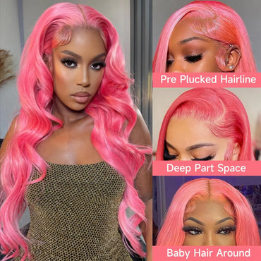 Pink Body Wave Lace Front Wig Human Hair 13x4 HD Lace Frontal Human Hair Wig 180 Density Transparent Brazilian Hair Colored Wig