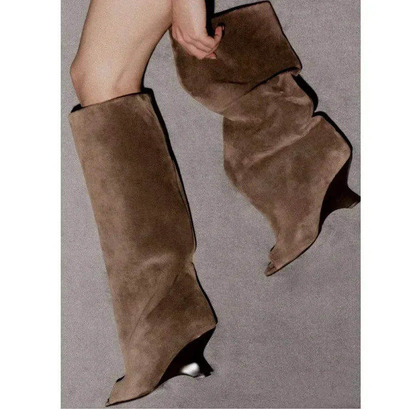 2025 Spring and Autumn Women's Fish Mouth Thick High Heels Knee Length Women's Boots Fashion Slope Heel Large Summer Cool Boots