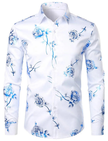 Mens Gold Rose Floral Print Shirts Brand Floral Steampunk Chemise White Long Sleeve Wedding Party Bronzing Camisa Masculina New
