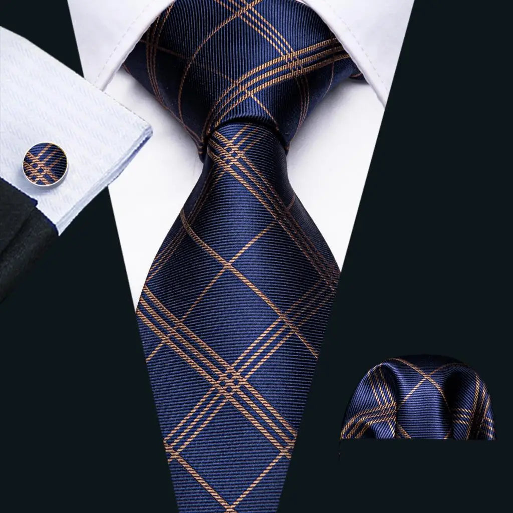 Barry.Wang Plaid Silk Men Tie Hanky Cufflinks Set Checked Jacquard Necktie for Male Formal Casual Wedding Business Party Events