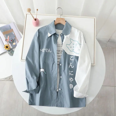 2023 New Spring and Autumn College Style Youth Loose Casual Trend Japanese Polo Neck Cartoon Cat Print Long Sleeve Shirt