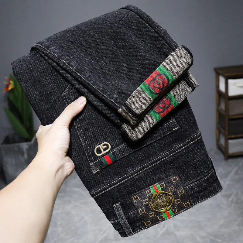 Jeans Spring and Autumn Fashion Jeans Men's Embroidery Elastic Slim Jeanadult Gentleman Comfortable Loose Senior High-end Man