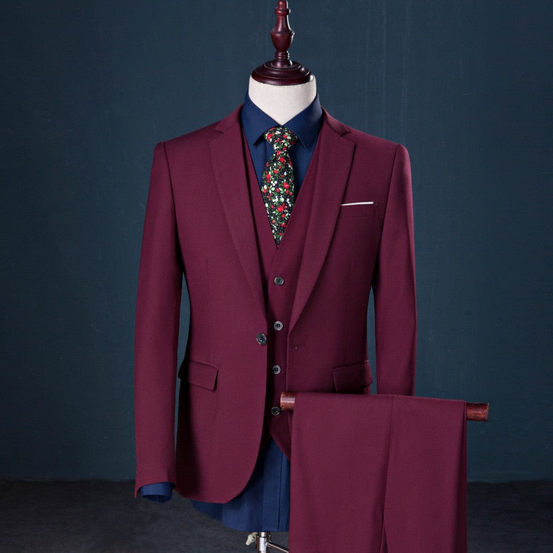 Luxury 3 Piece Men's Wedding Suit Fashion Men's Slim Solid Color Business Office Suit Sets Large Size Men Blazer+ Pants + Vest