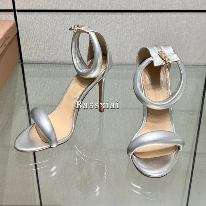 Genuine Leather One-Strap Sandals Women 10cm Stiletto Heel Back Zip Concise Style Modern Summer Shoes