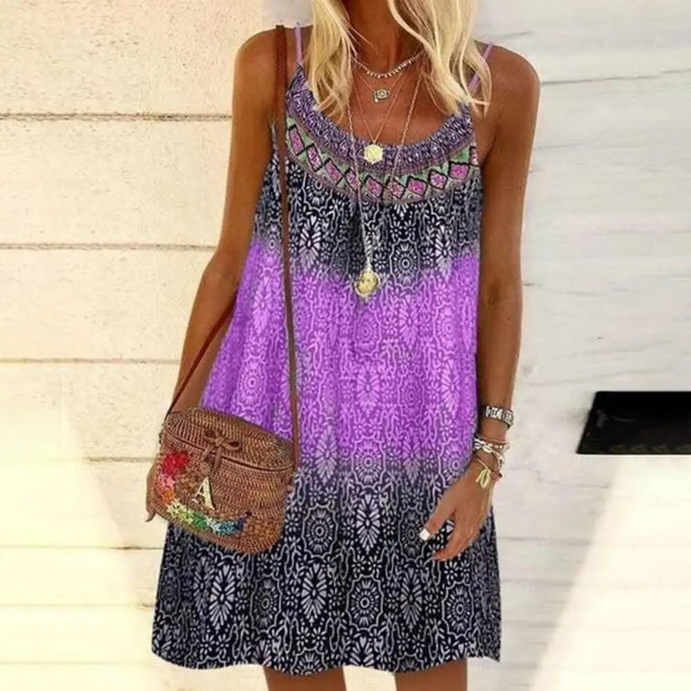 Women Summer Spaghetti Strap O-Neck A-Line Mini Swing Dress Boho Vintage Colorful Floral Print Loose Beach Cami Sundress