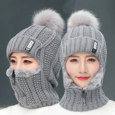 Coral Fleece Women Knitted Hats Add Fur Warm Winter Hats for Women with Zipper Scarf Keep Face Warmer Balaclava Pompoms Cap