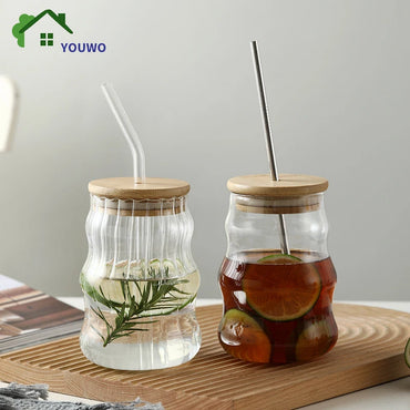 1/2pcs 500ml Glass Tumblers Cups With Straw Mason Jar Clear Juice Coffee Milk Cup With Bamboo Lids Drinkware Stripe Beer Mug
