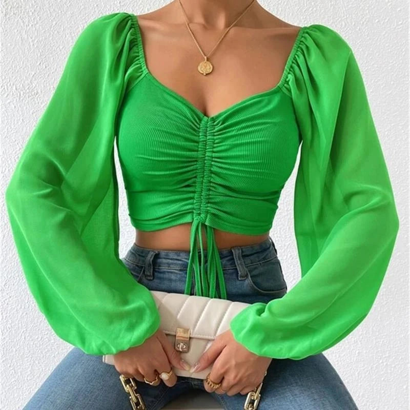 Horetong Women's Sexy V-neck Off-Shoulder Blouses Summer Drawstring Bandage Long Sleeve Tops Ladies Korean Fashion Short Clothes