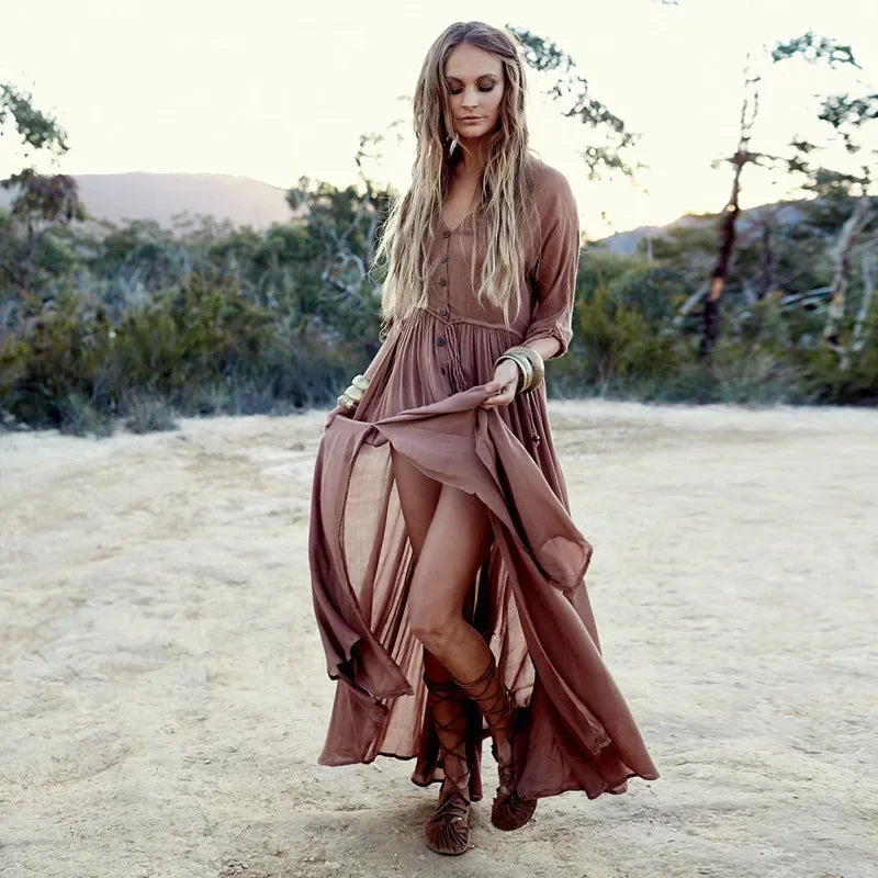 2023 New Women's Bohemian Solid Color Button Down Dress Tie Up Maxi Bo Mega Mart Center 2023 New Women's Bohemian Solid Color Button Down Dress Tie Up Maxi Bo Mega Mart Center