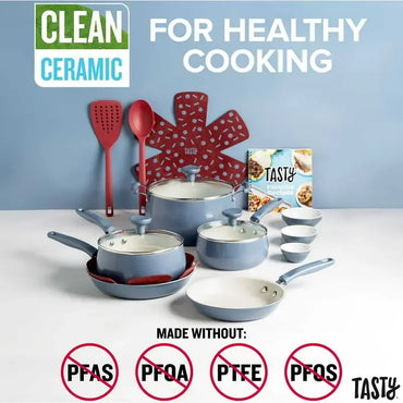 Clean Ceramic 16 Piece Non-Stick Aluminum Cookware Set, Slate Blue