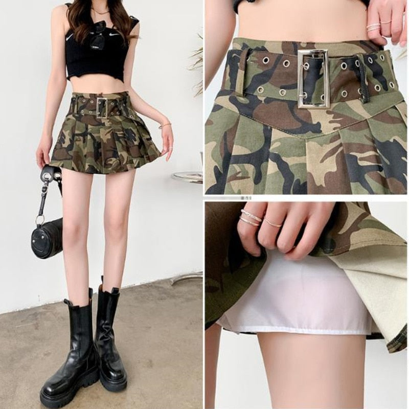 Summer Camouflage Pleated Skirt Women High Waist Short A-line Denim Skirts Girl Vintage Harajuku Korean Fashion Dress Clothes