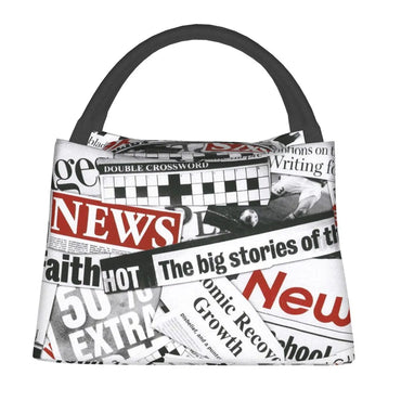 Portable Lunch Bag Newspaper Pattern Print Thermal Insulated Lunch Box Tote Cooler Handbag Bento Dinner Container School Storage