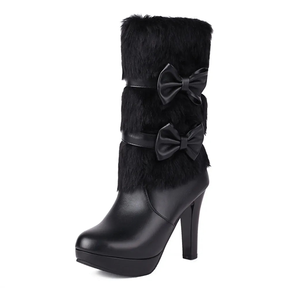 2025 Winter Womens Fashion High Heel Boots Pink White Black Fur Tassel Bowtie Lovely Lolita Ladies Party Wedding Shoes size32-43