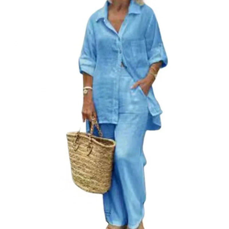 Summer Cotton Linen Casual Home 2 Piece Set For Women 2025 Fashion White Long Sleeve Shirt And Shorts Two Piece Sets Tracksuit