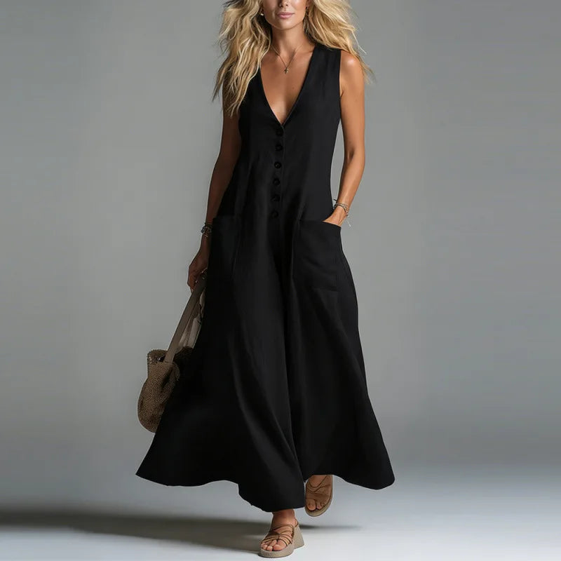 2026 Spring Summer Women Solid Color Deep V Neck Casual Dress With Patch Pockets